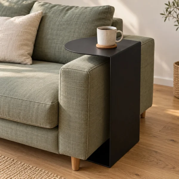 Mat siyah modern yan sehpa, yeşil keten kanepenin kolçağında kahve kupasıyla